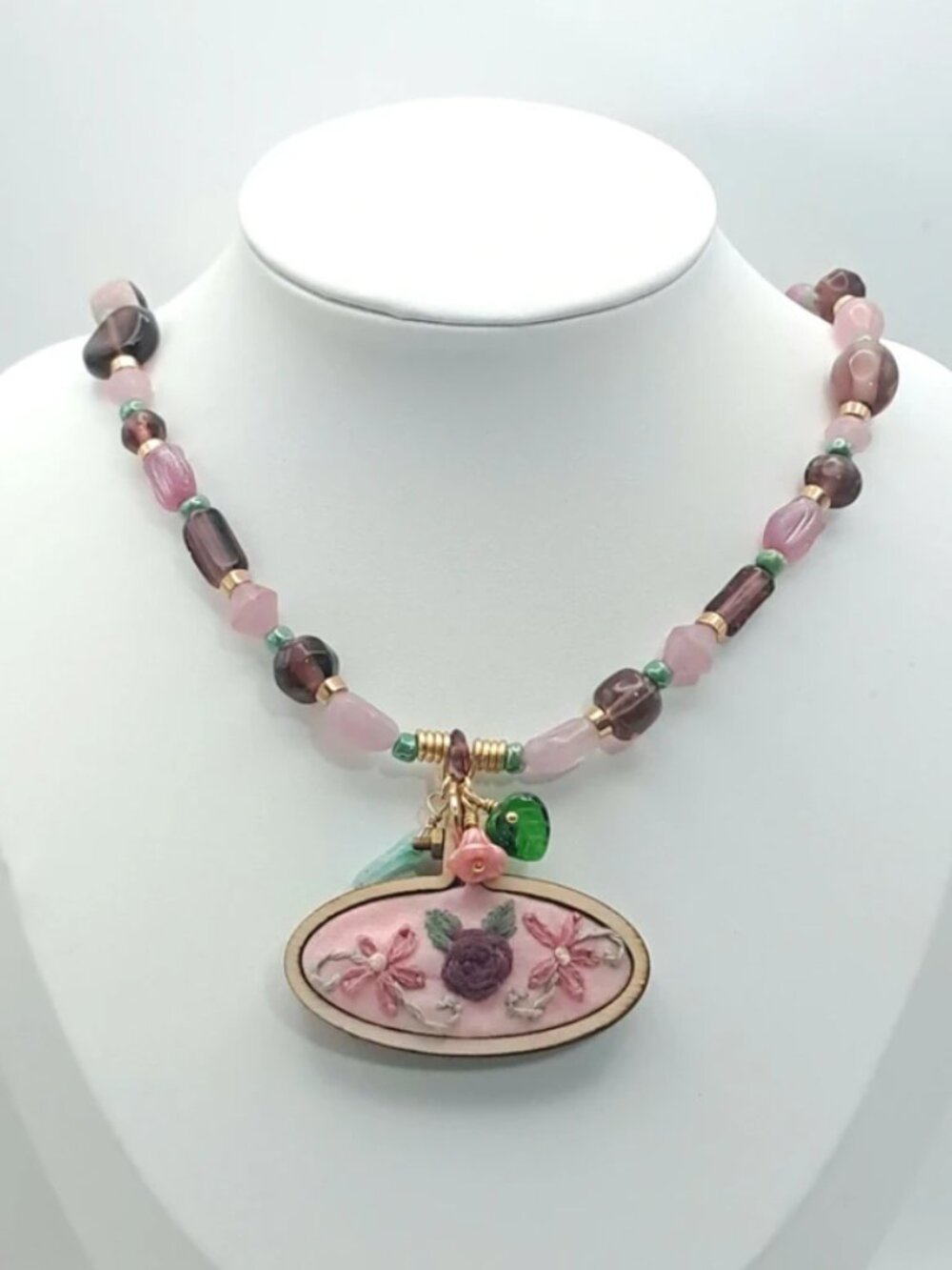 Embroidered Floral Pendant Glass Beaded Necklace